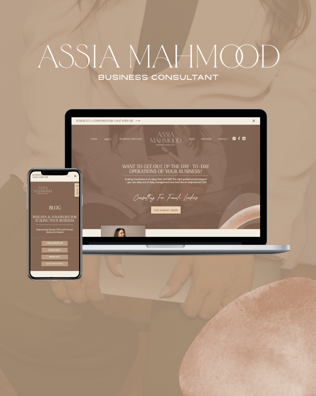 a laptop and mobile phone displaying the website for Assia Mahmood Consulting