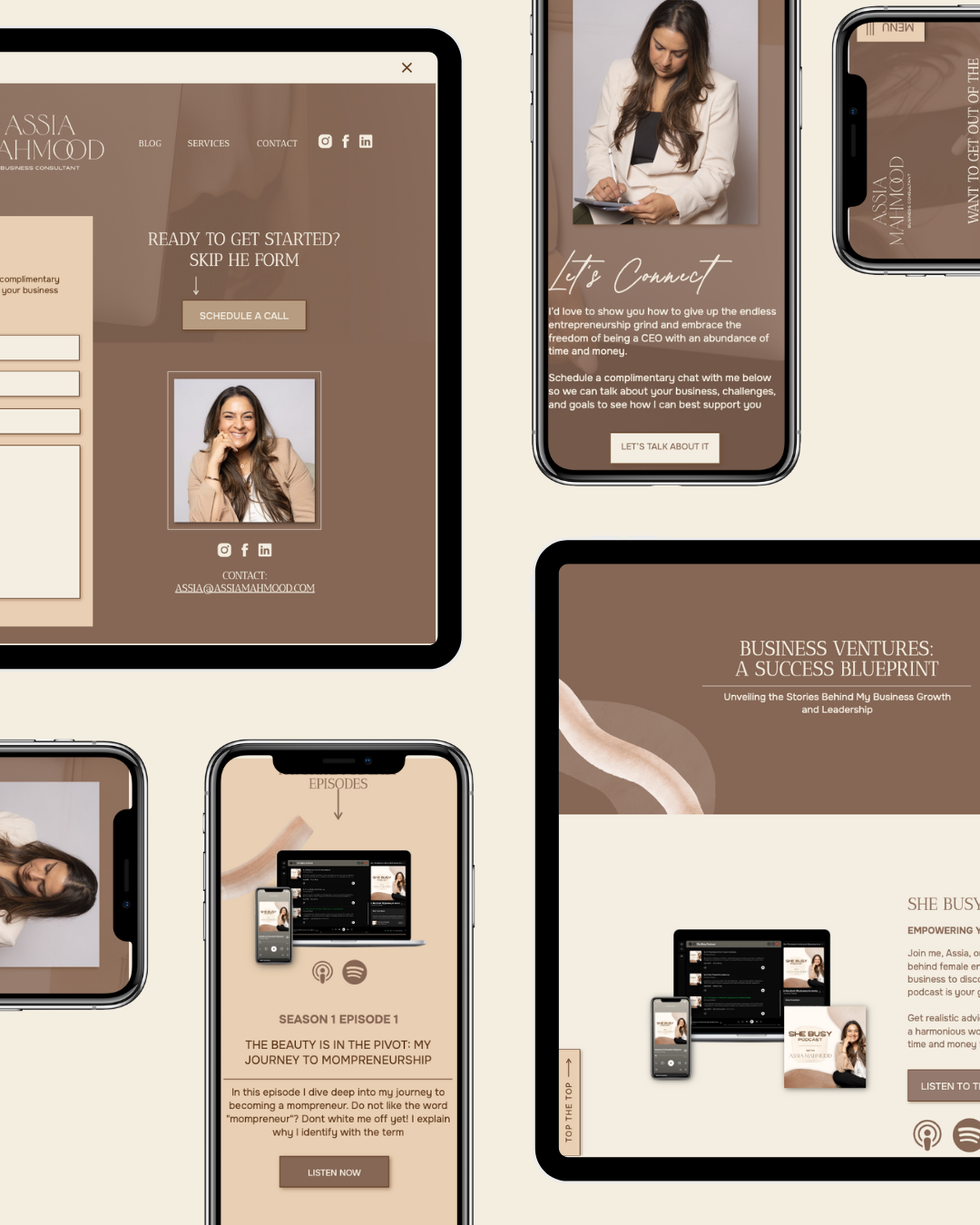 various websites and tablets against a tan backdrop displaying the website for Assia Mahmood Consulting 