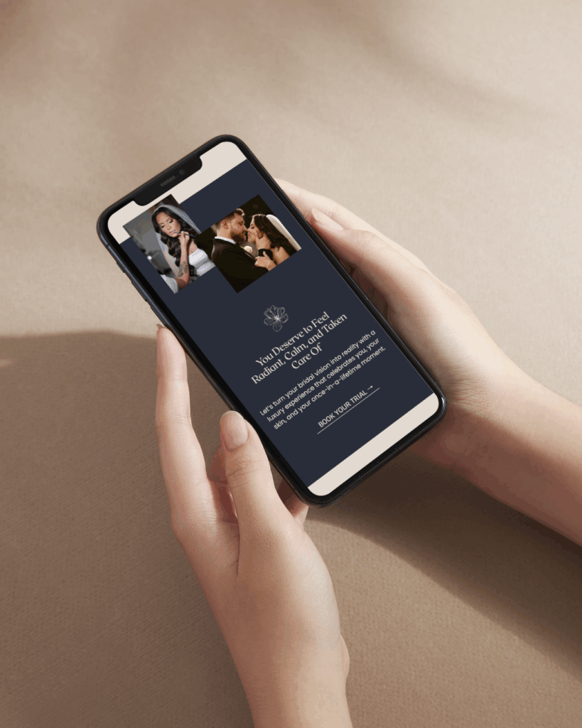 cellphone mockup displaying the showit website design for skinlux, makeup artist and beauty expert in NYC