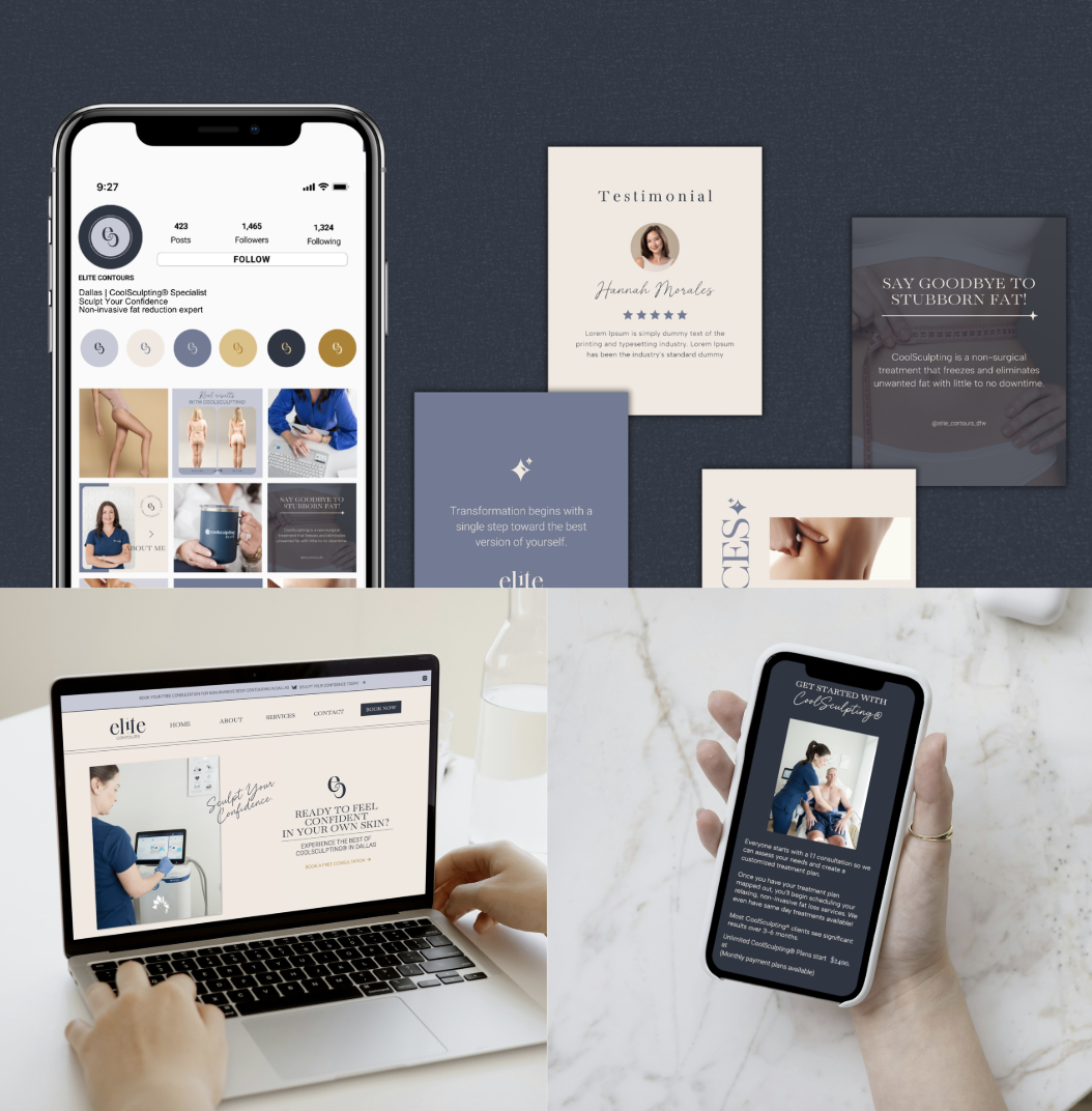 social media posts and website pages for elite contours 