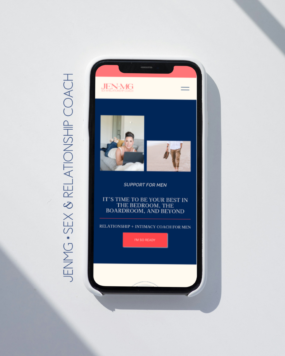 a mobile phone displaying a page of jen mg's website set against a gray backdrop 