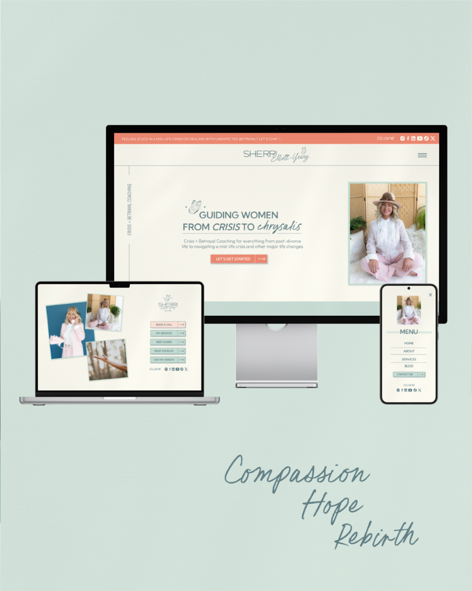 a desktop computer, laptop, and mobile phone displaying different website pages for sherri elliott yeary