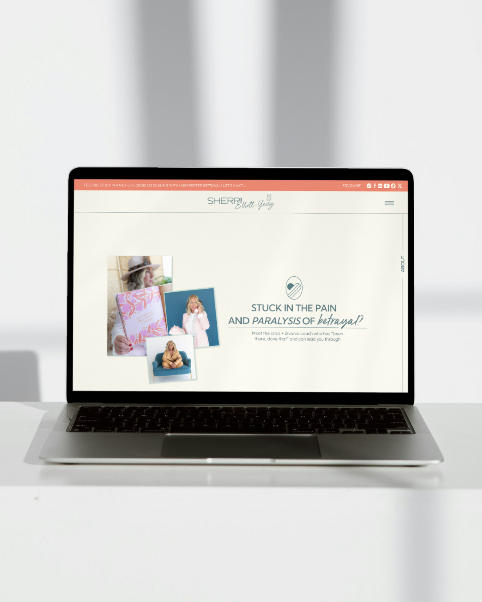 a laptop displaying a website for sherri elliott yeary a crisis and betrayal coach