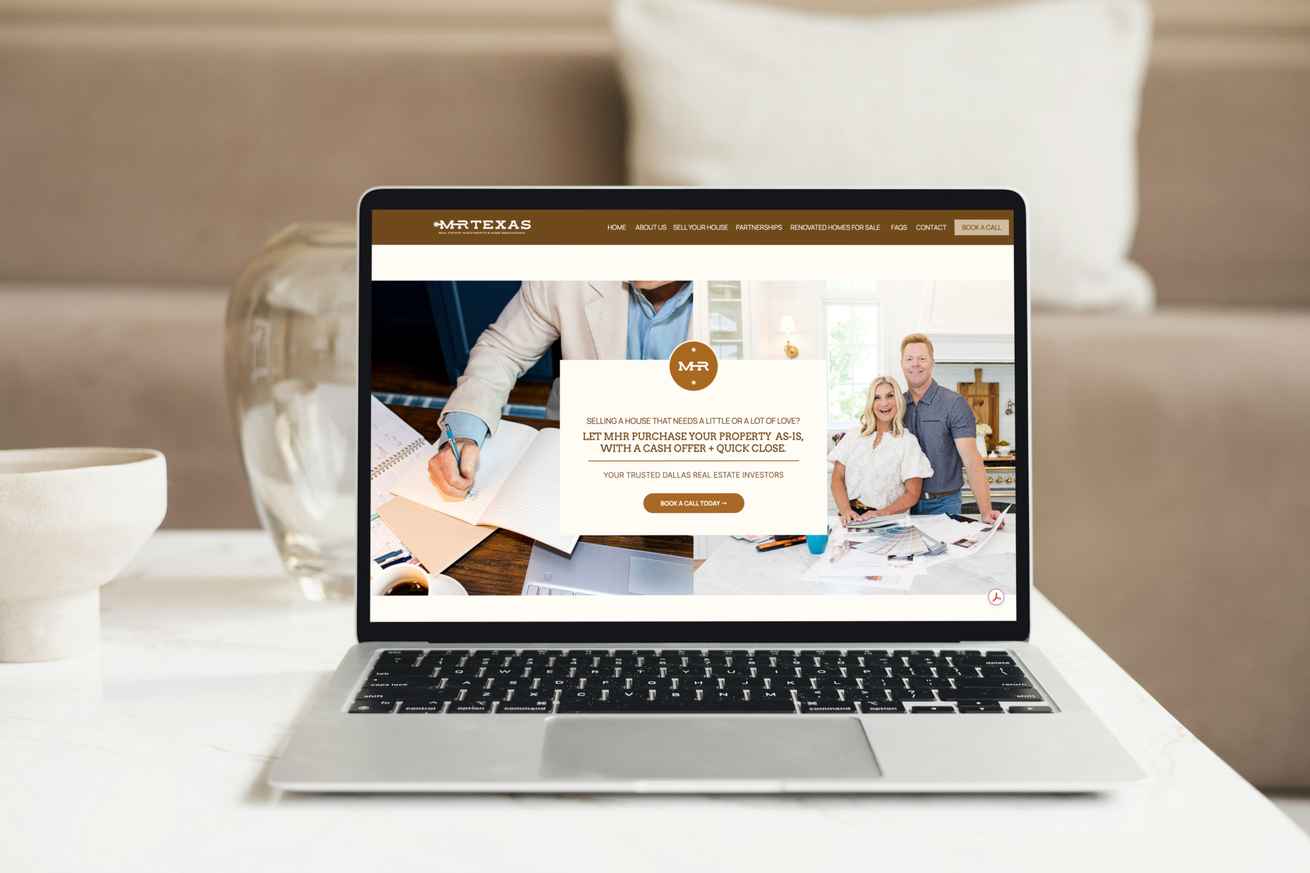 a woman wearing a boot and perched on top of her boot is a laptop which features the website of MHR Texas