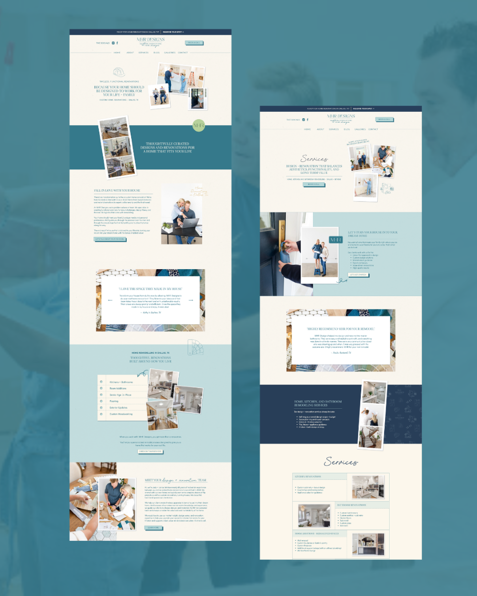a website layout for MHR Design set against a blue backdrop