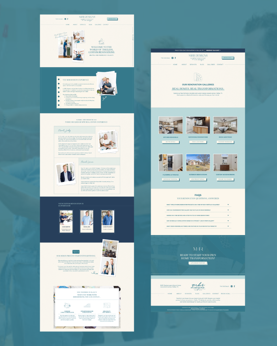 a website layout for MHR design set against a blue backdrop