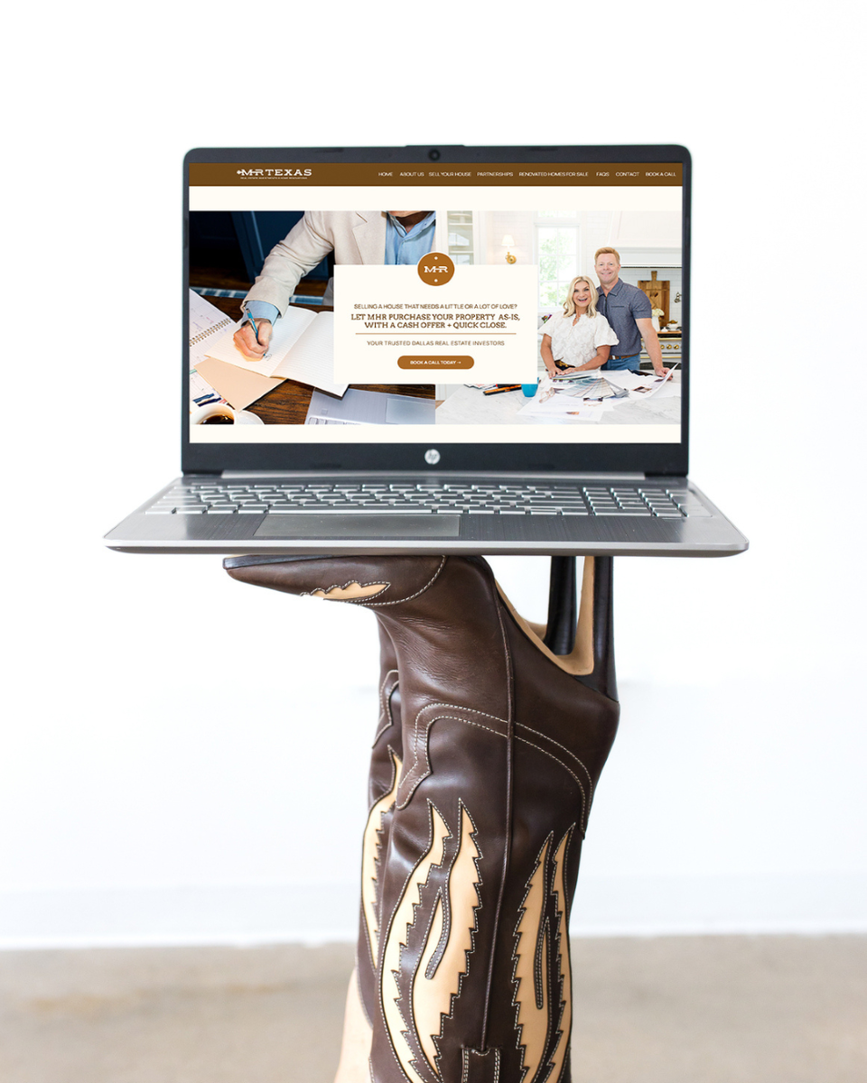 a woman wearing a boot and perched on top of her boot is a laptop which features the website of MHR Texas