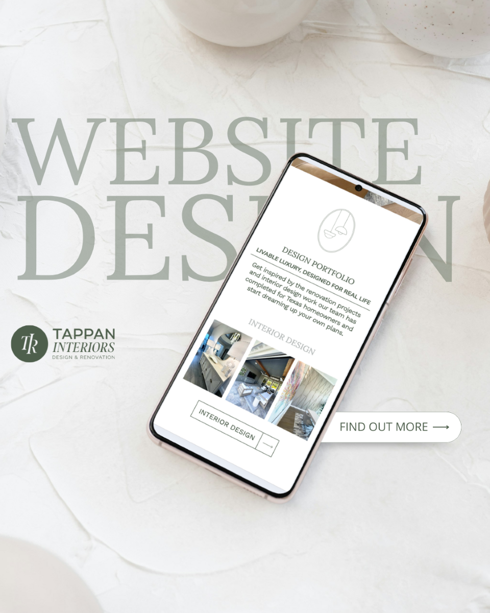 a phone featuring the website of tappan interiors design and renovation set against white granite