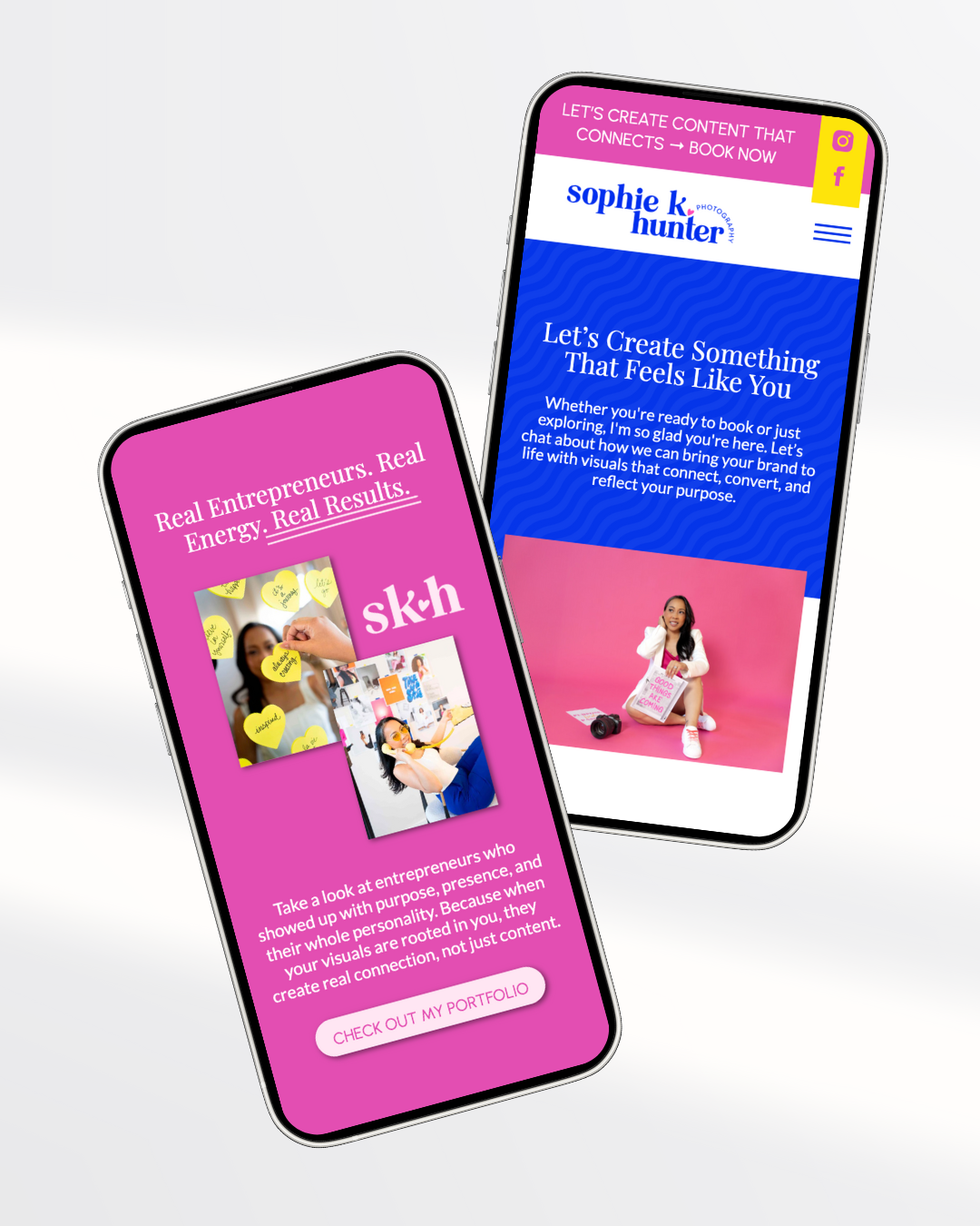 two moible photnes each displaying a different website page for sophie k hunter photography