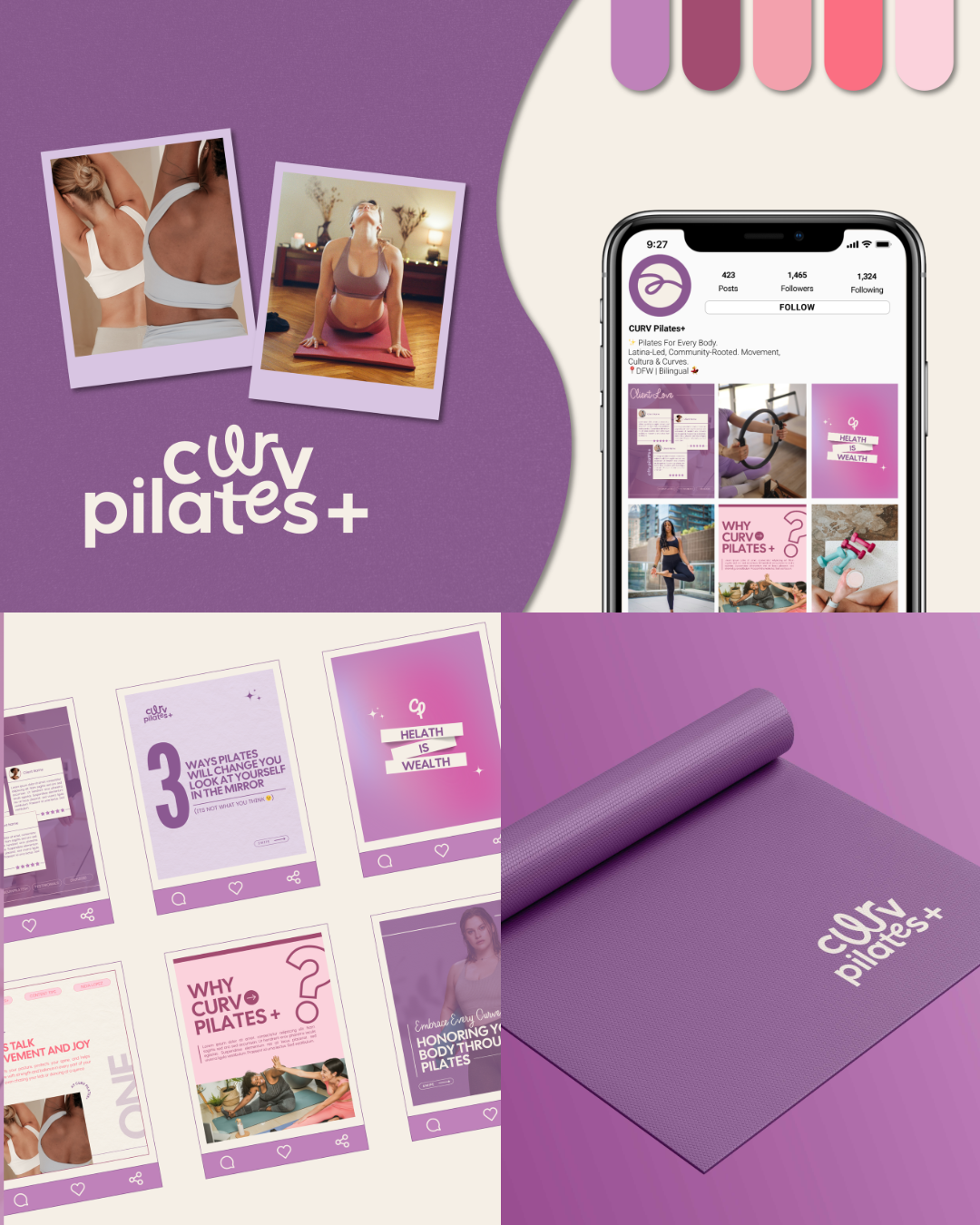 branding assets for curv pilates+ with a color palette, social media assets, and a logo