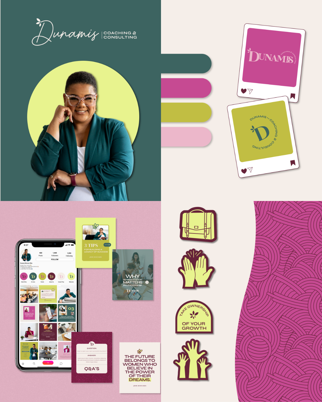 branding assets for Dunamis coaching and consulting with a color palette, icons, and social media assets