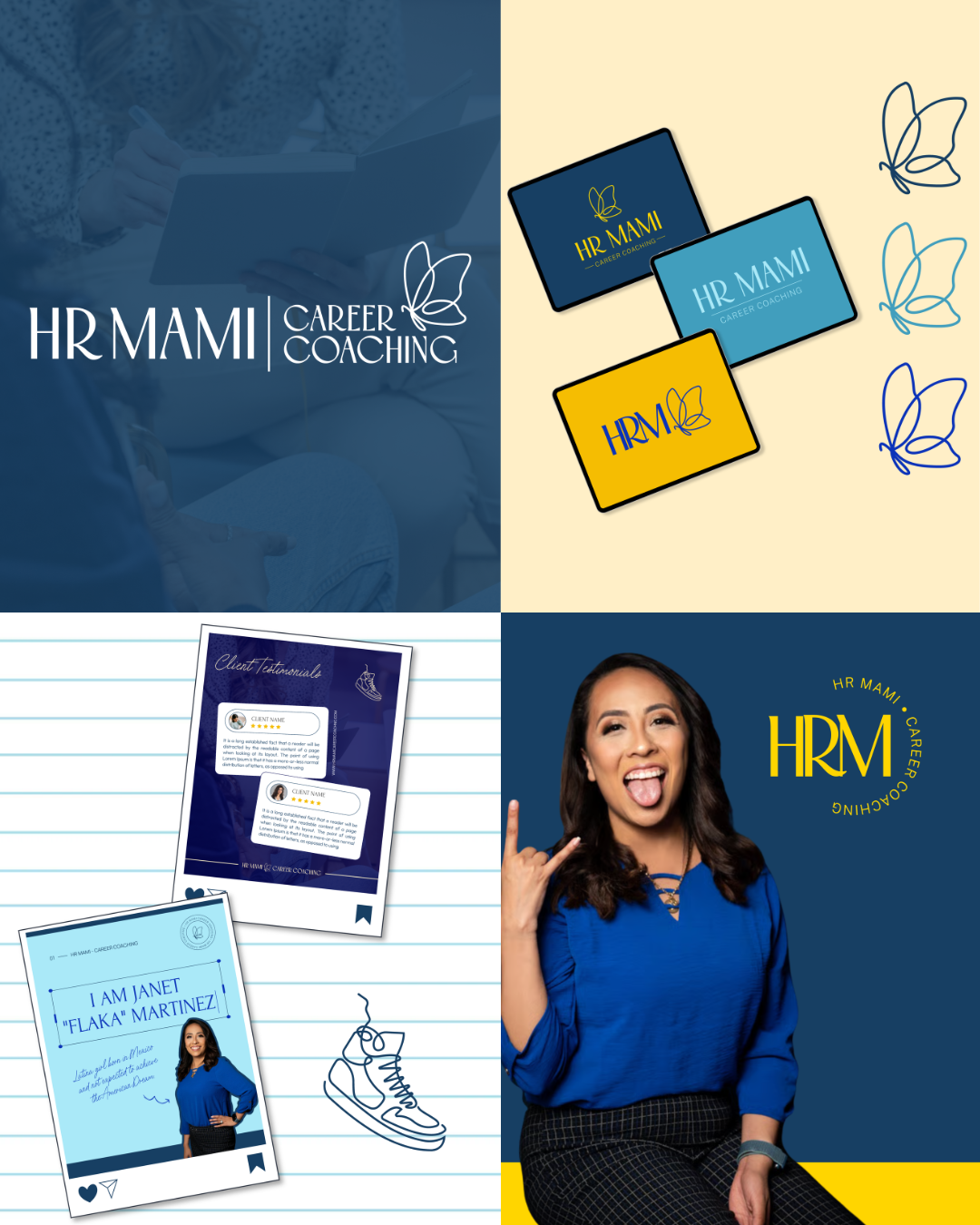 branding assets for HR Mami Career Coaching with icons, tablets with their logo, and a brand image of the owner