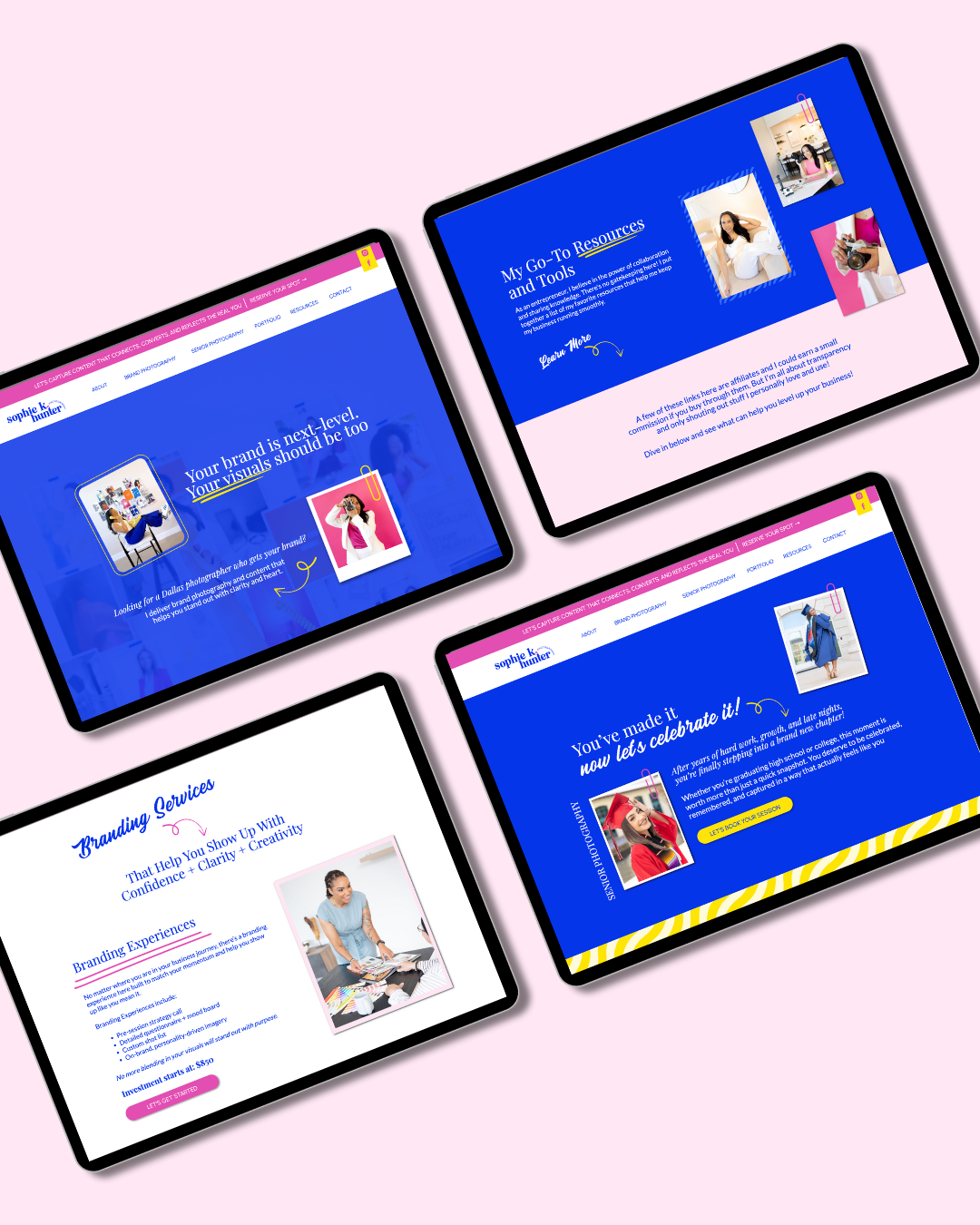 four different tablets each displaying a different page from sophie k hunter photography's website 