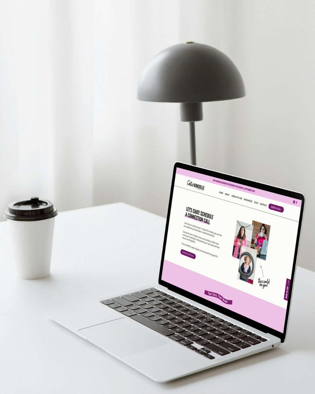 a laptop on a white desk displaying the website for catie ronquillo 