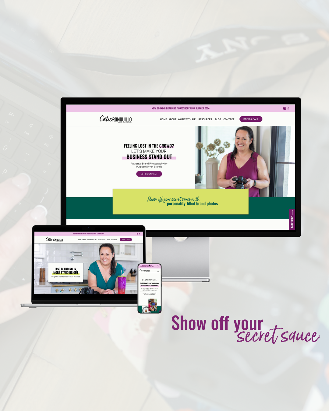 a laptop, desktop, and mobile phone displaying different website for catie ronquillo's website 